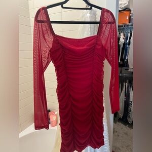 Formal Short Red Dress with Mesh Sleeves